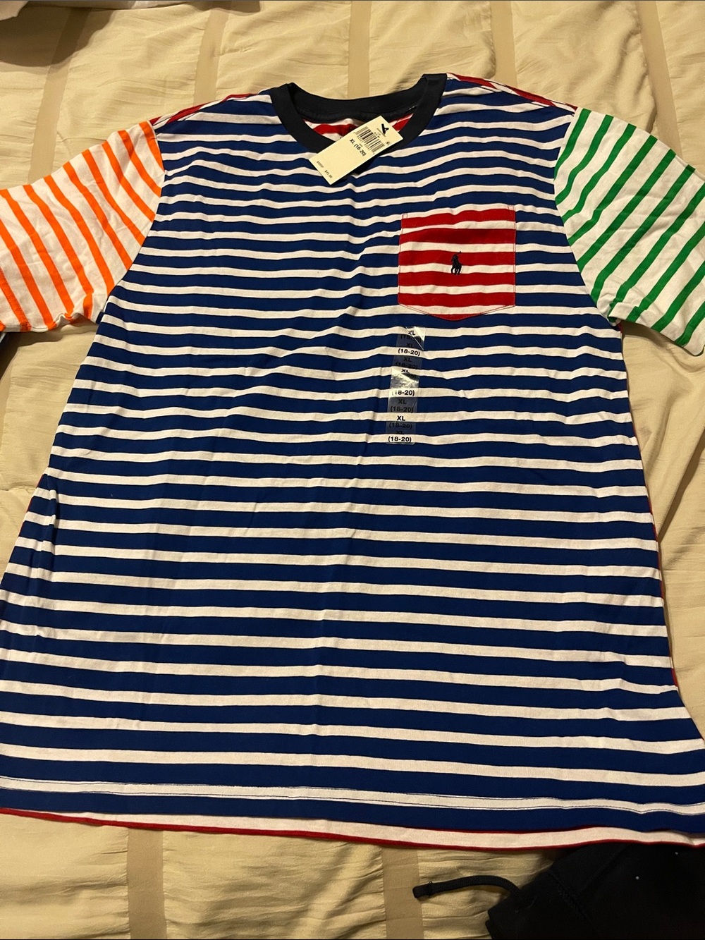 Polo by Ralph Lauren Boys' Blue Striped Pocket Tee with Multi-Color Sleeves